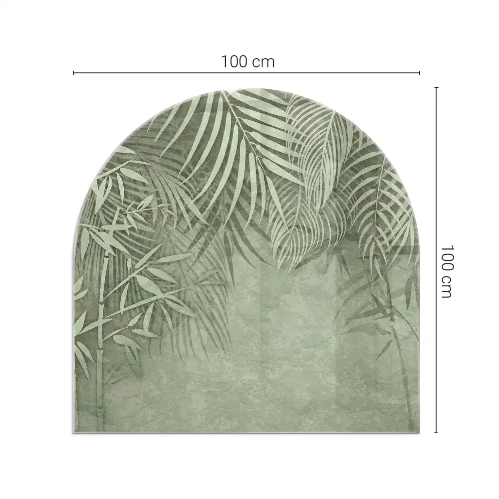 Placă de sticlă semiovală pentru protecția podelei sub șemineu cu model de frunze tropicale
