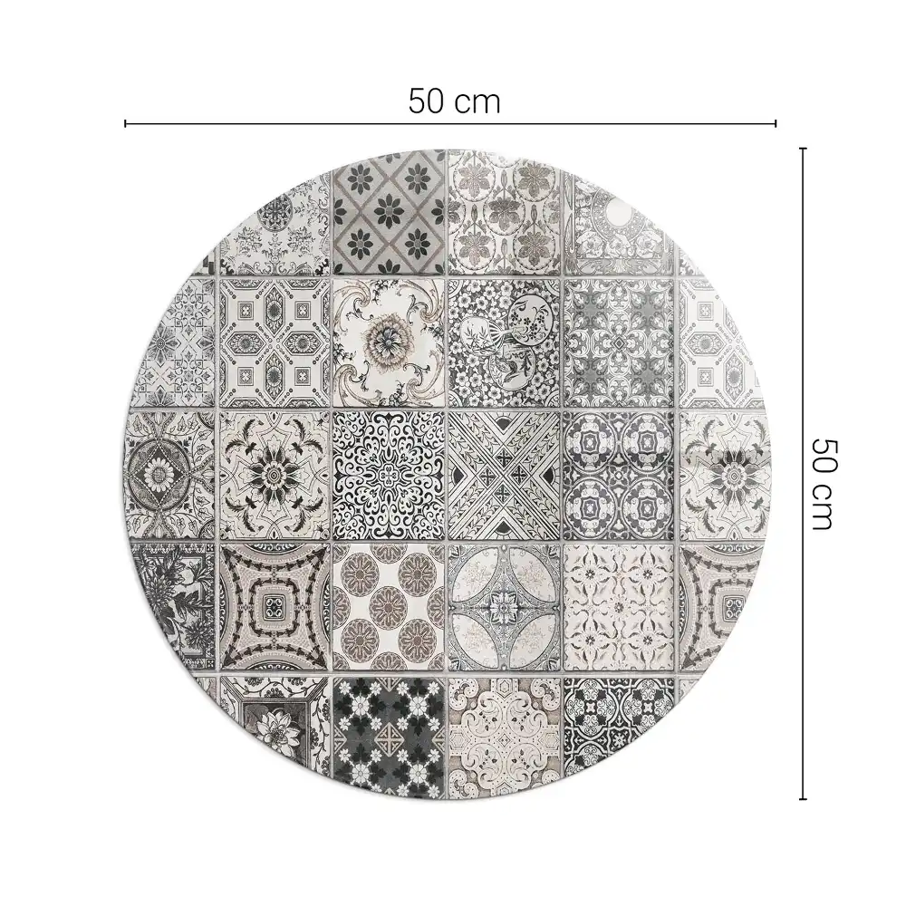 Placă rotundă din sticlă securizată pentru protecția pardoselii sub sobă cu model decorativ