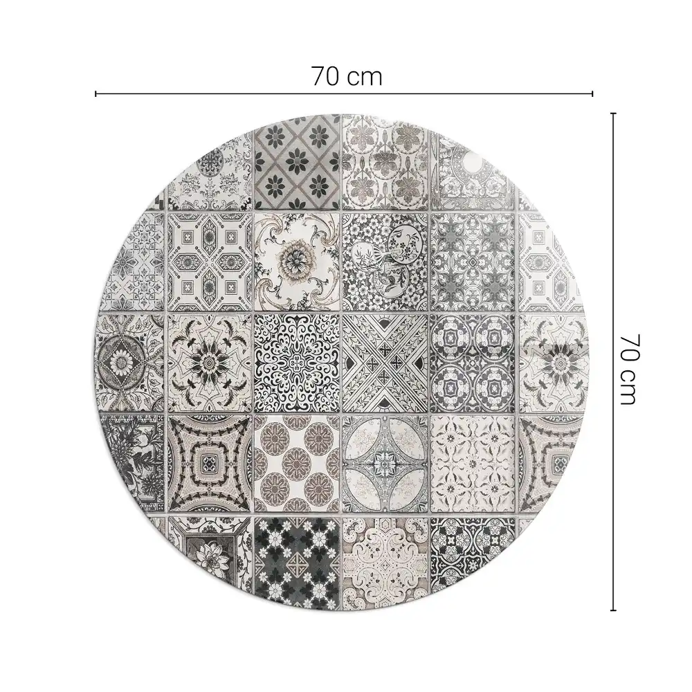 Placă rotundă din sticlă securizată pentru protecția pardoselii sub sobă cu model decorativ