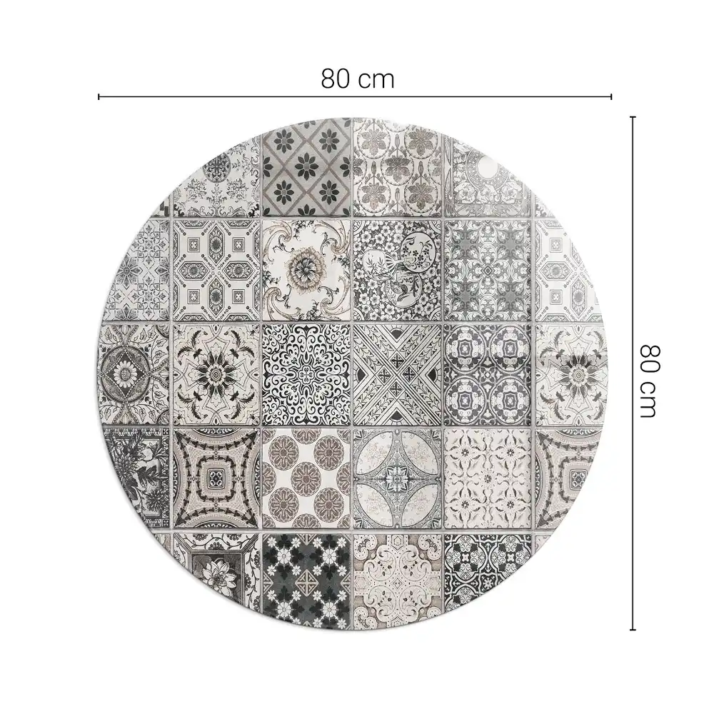 Placă rotundă din sticlă securizată pentru protecția pardoselii sub sobă cu model decorativ