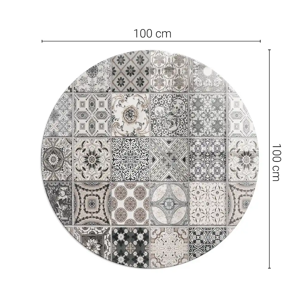 Placă rotundă din sticlă securizată pentru protecția pardoselii sub sobă cu model decorativ