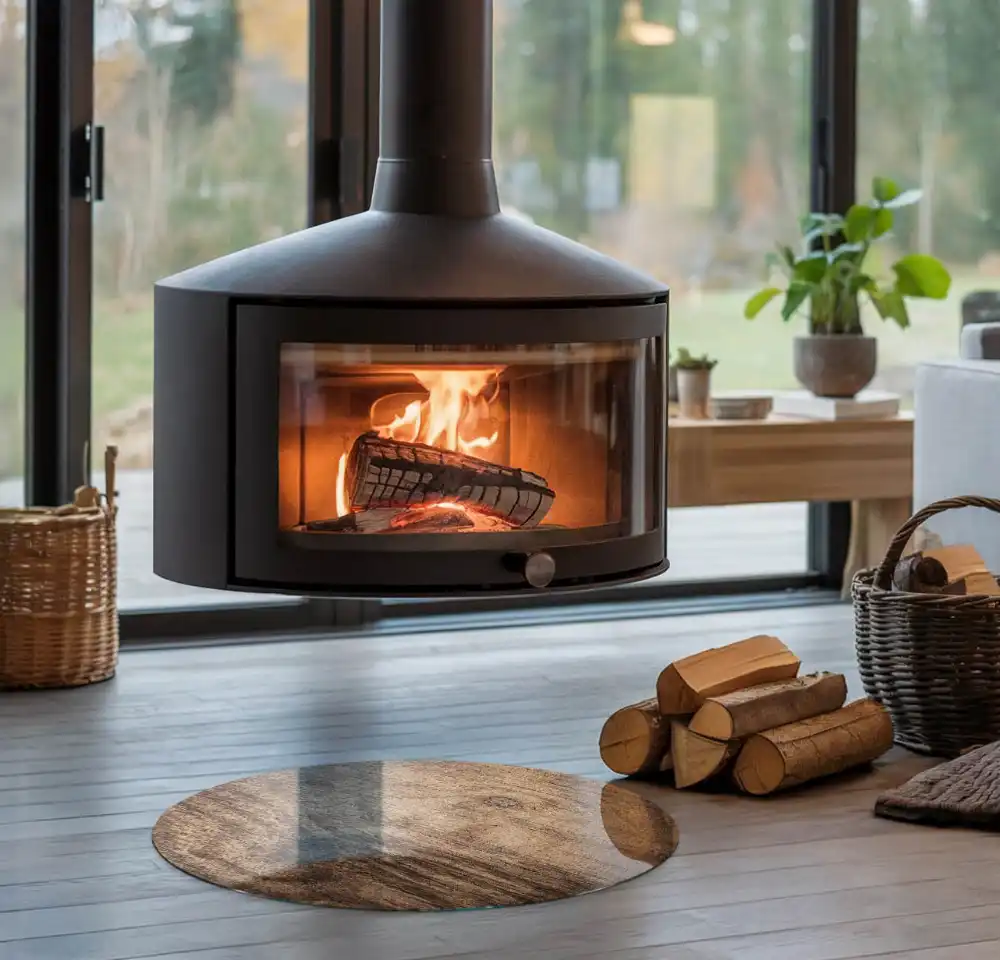 Placă de protecție rotundă din sticlă securizată pentru sobă cu model de lemn natural