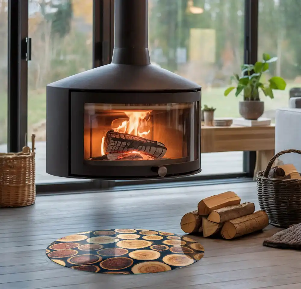 Placă rotundă de protecție pentru șemineu cu design decorativ din lemn tăiat
