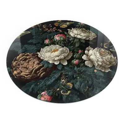 Placă de protecție rotundă din sticlă securizată sub sobă cu model floral și fluturi