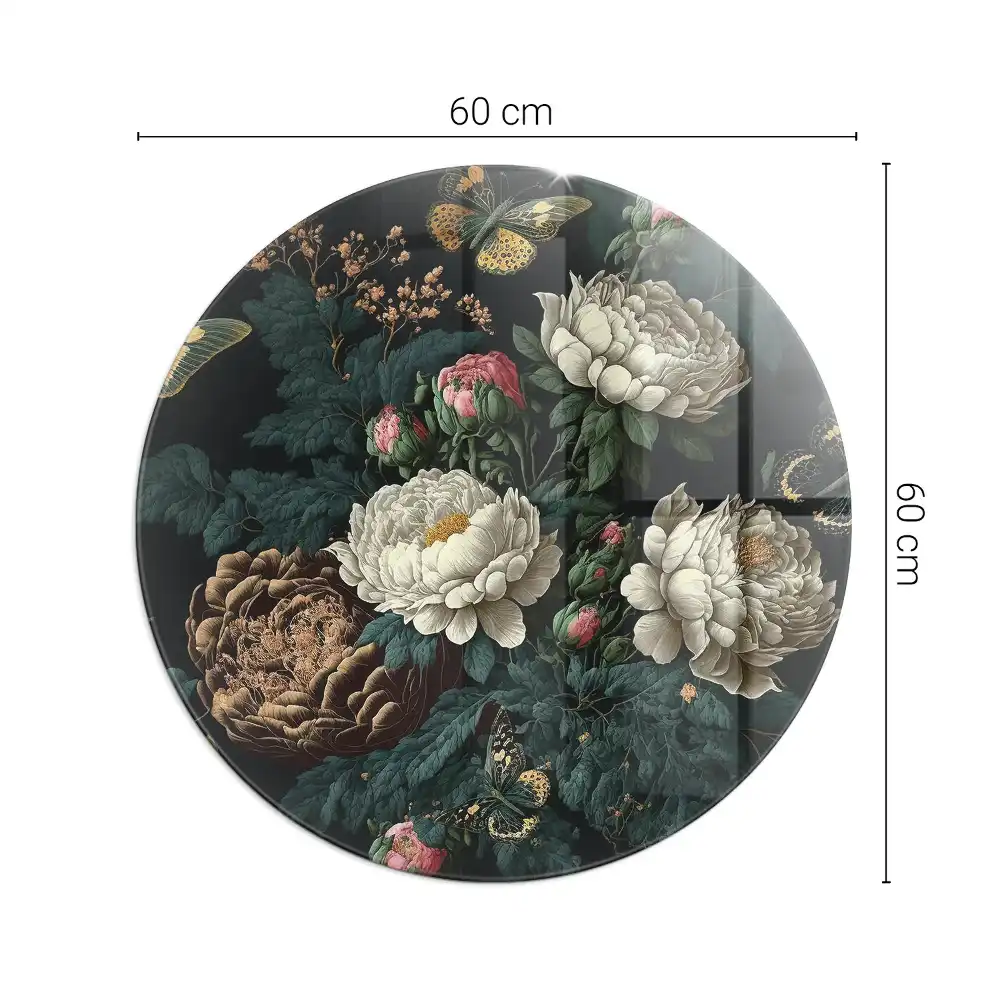 Placă de protecție rotundă din sticlă securizată sub sobă cu model floral și fluturi