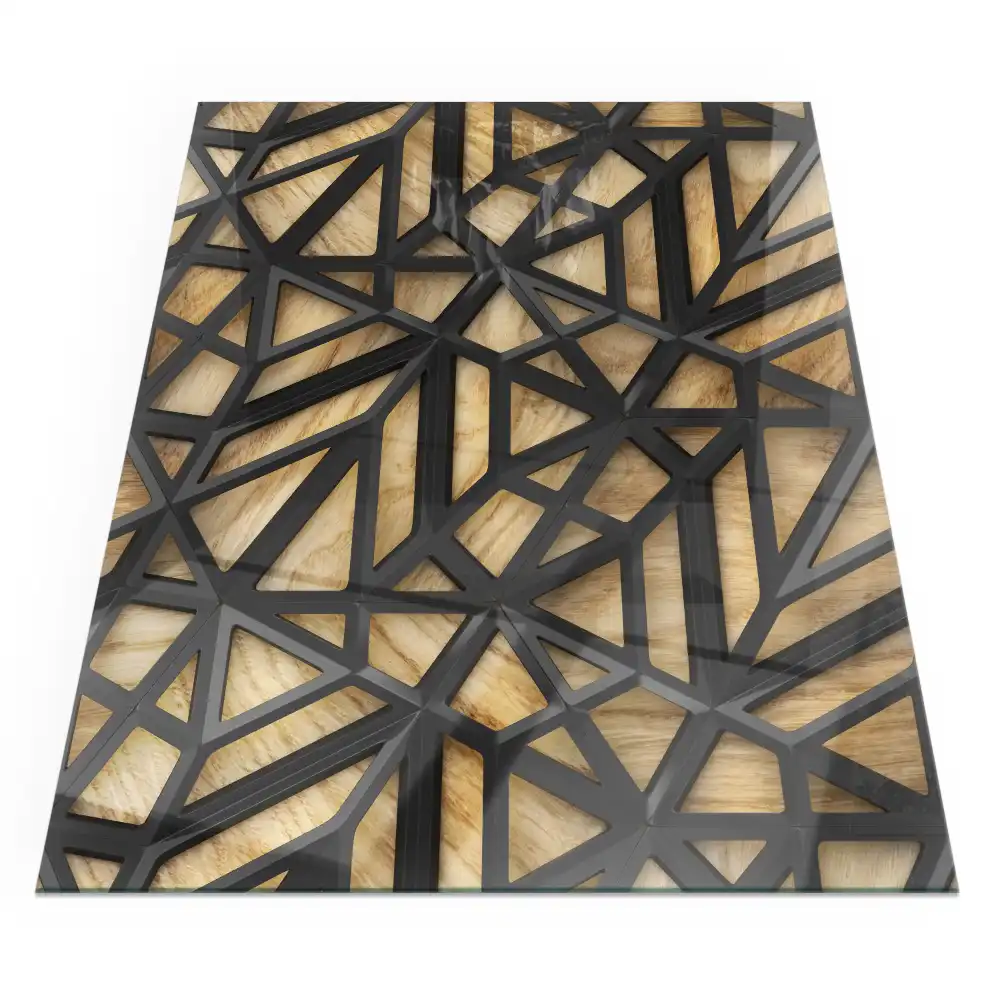 Protecție dreptunghiulară sub sobă cu model geometric și imitație de lemn