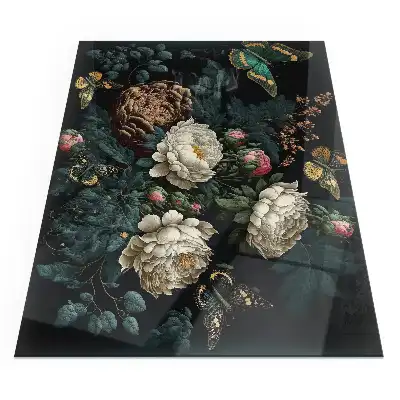 Placă dreptunghiulară din sticlă securizată pentru protecția sub sobă cu model floral și fluturi