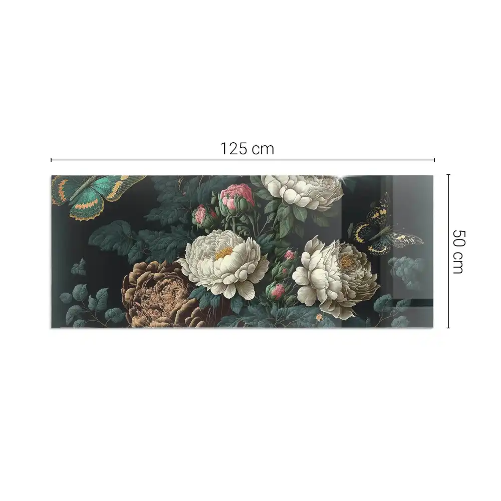 Placă dreptunghiulară din sticlă securizată pentru protecția sub sobă cu model floral și fluturi