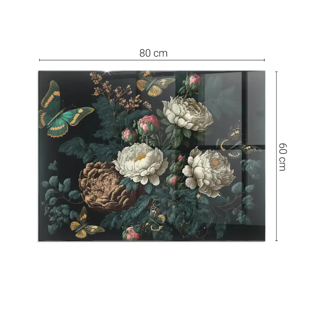 Placă dreptunghiulară din sticlă securizată pentru protecția sub sobă cu model floral și fluturi