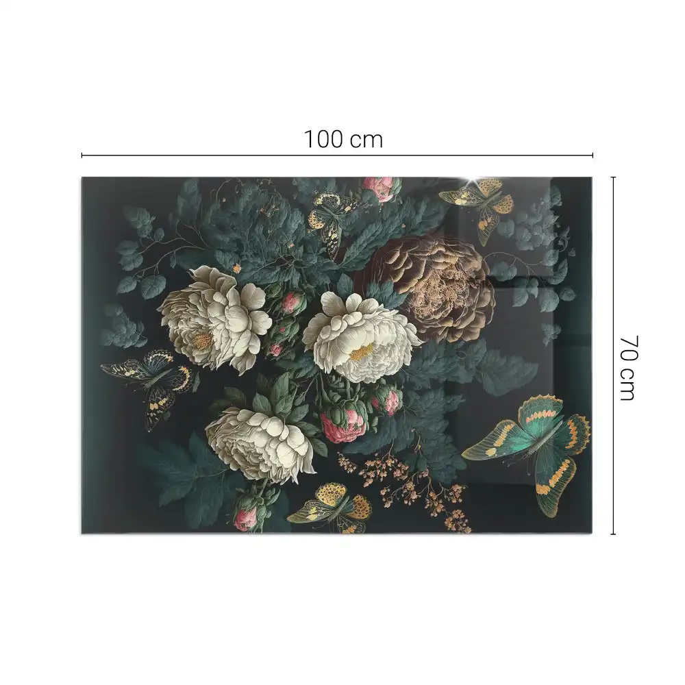Placă dreptunghiulară din sticlă securizată pentru protecția sub sobă cu model floral și fluturi