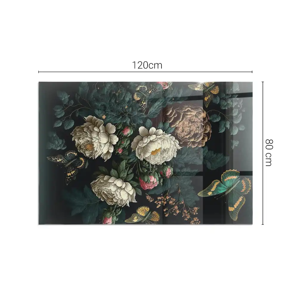 Placă dreptunghiulară din sticlă securizată pentru protecția sub sobă cu model floral și fluturi