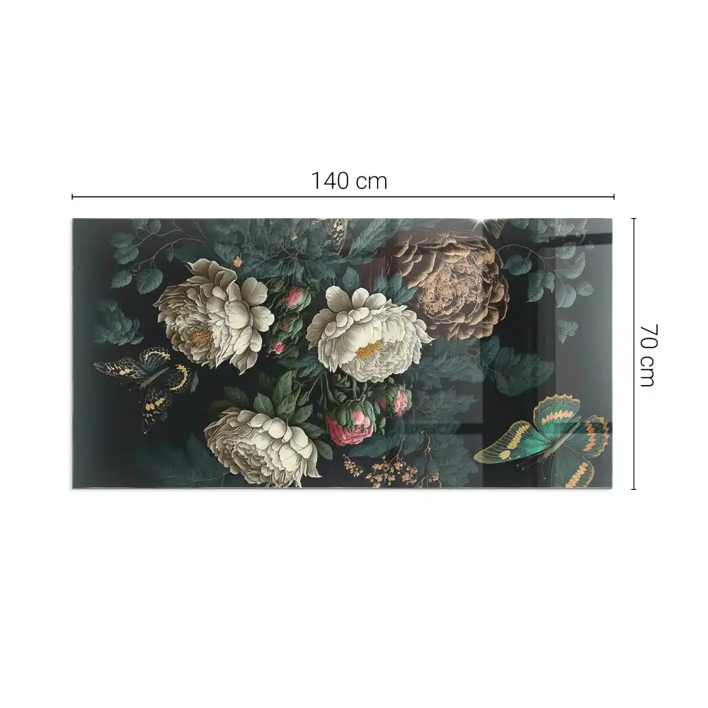 Placă dreptunghiulară din sticlă securizată pentru protecția sub sobă cu model floral și fluturi