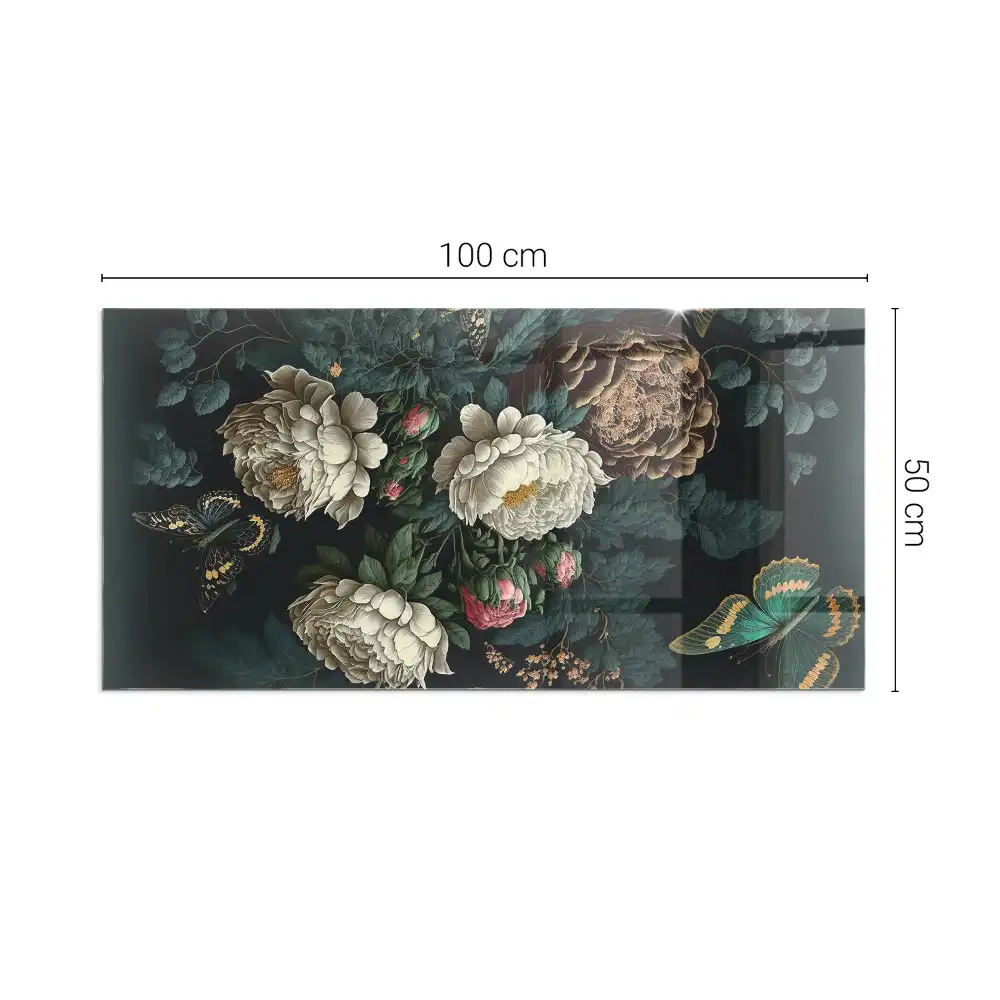Placă dreptunghiulară din sticlă securizată pentru protecția sub sobă cu model floral și fluturi