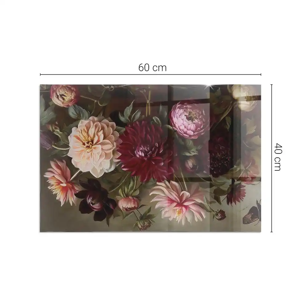 Placă de sticlă pentru șemineu dreptunghiulară cu imprimeu buchet de flori