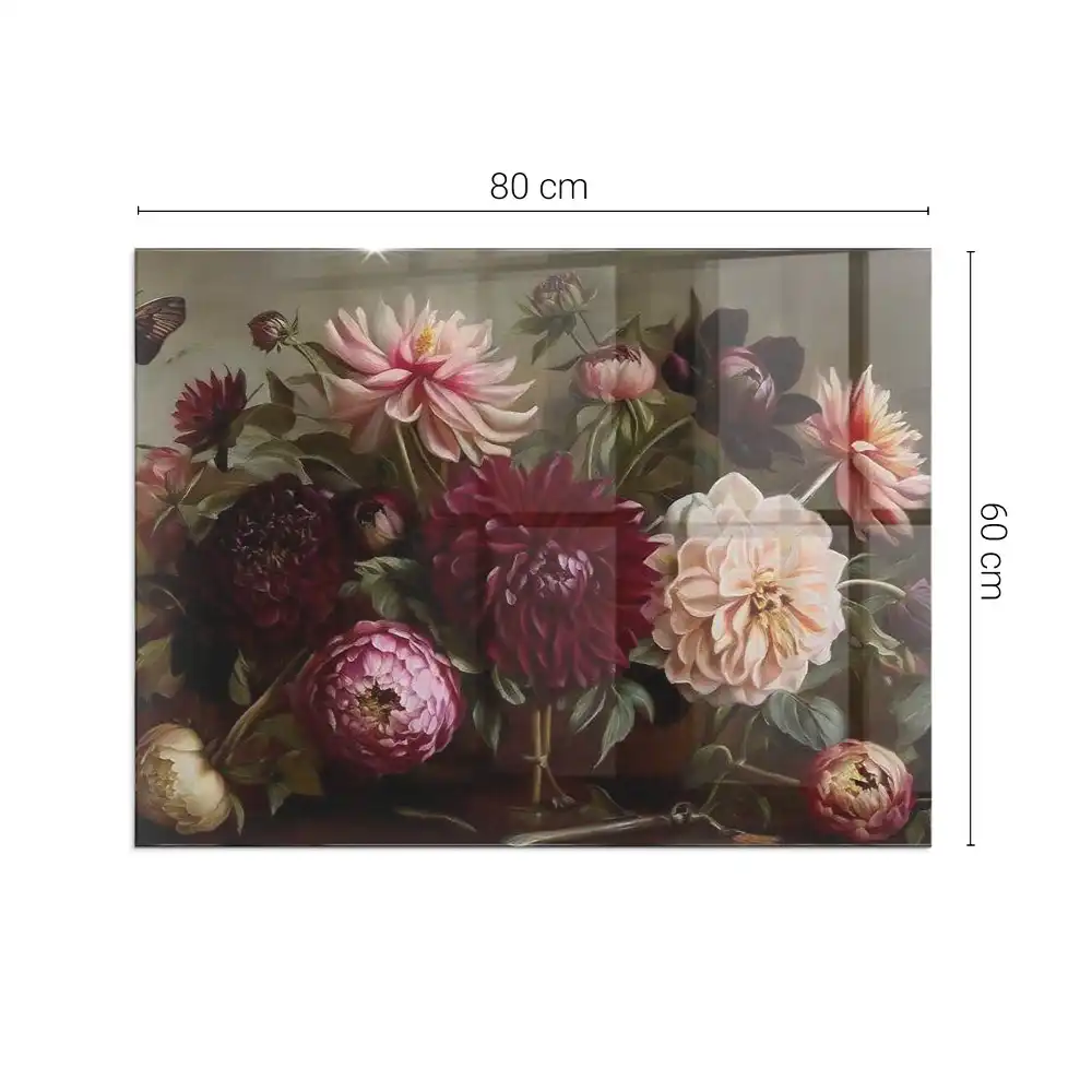 Placă de sticlă pentru șemineu dreptunghiulară cu imprimeu buchet de flori