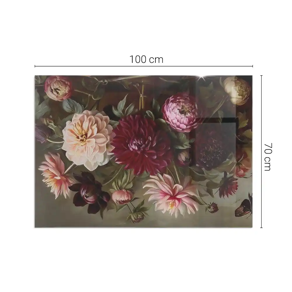 Placă de sticlă pentru șemineu dreptunghiulară cu imprimeu buchet de flori