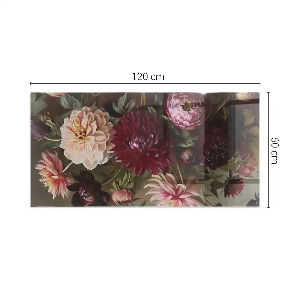 Placă de sticlă pentru șemineu dreptunghiulară cu imprimeu buchet de flori