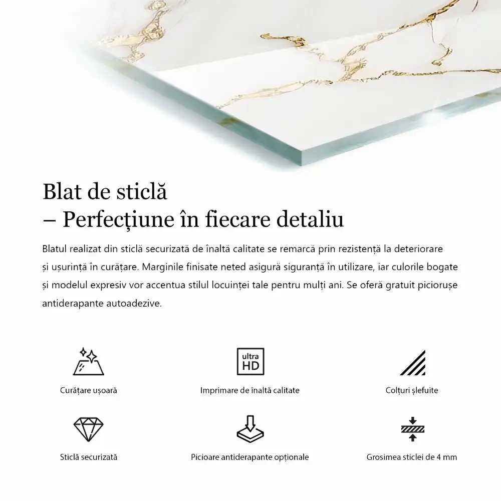 Blat de masă dreptunghiular din sticlă cu aspect de marmură