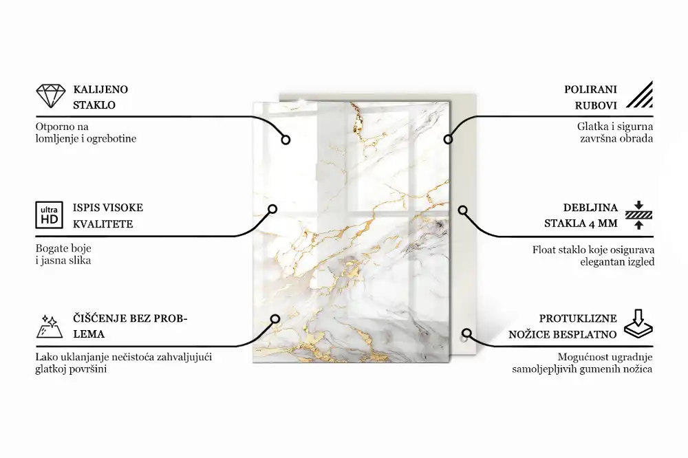 Blat de masă rectangular din sticlă cu design de marmură cu vinișoare delicate