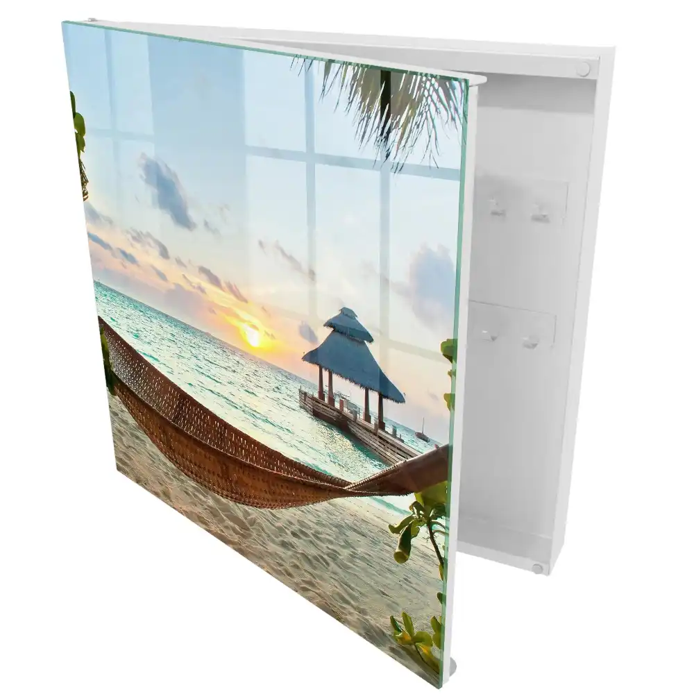 Dulapior pentru chei cu design de plajă tropicală și apus cu foișor