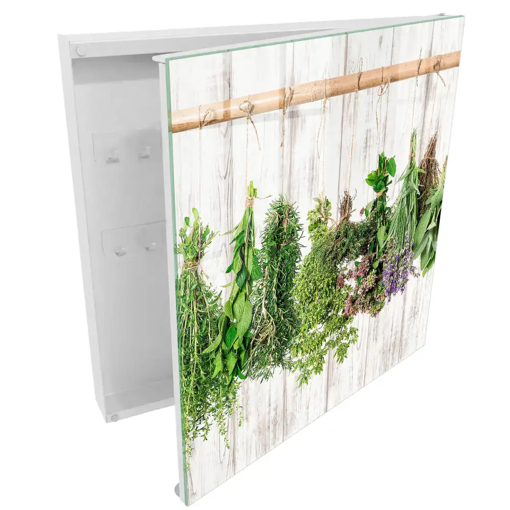 Suport rustic pentru chei din lemn cu design de ierburi suspendate