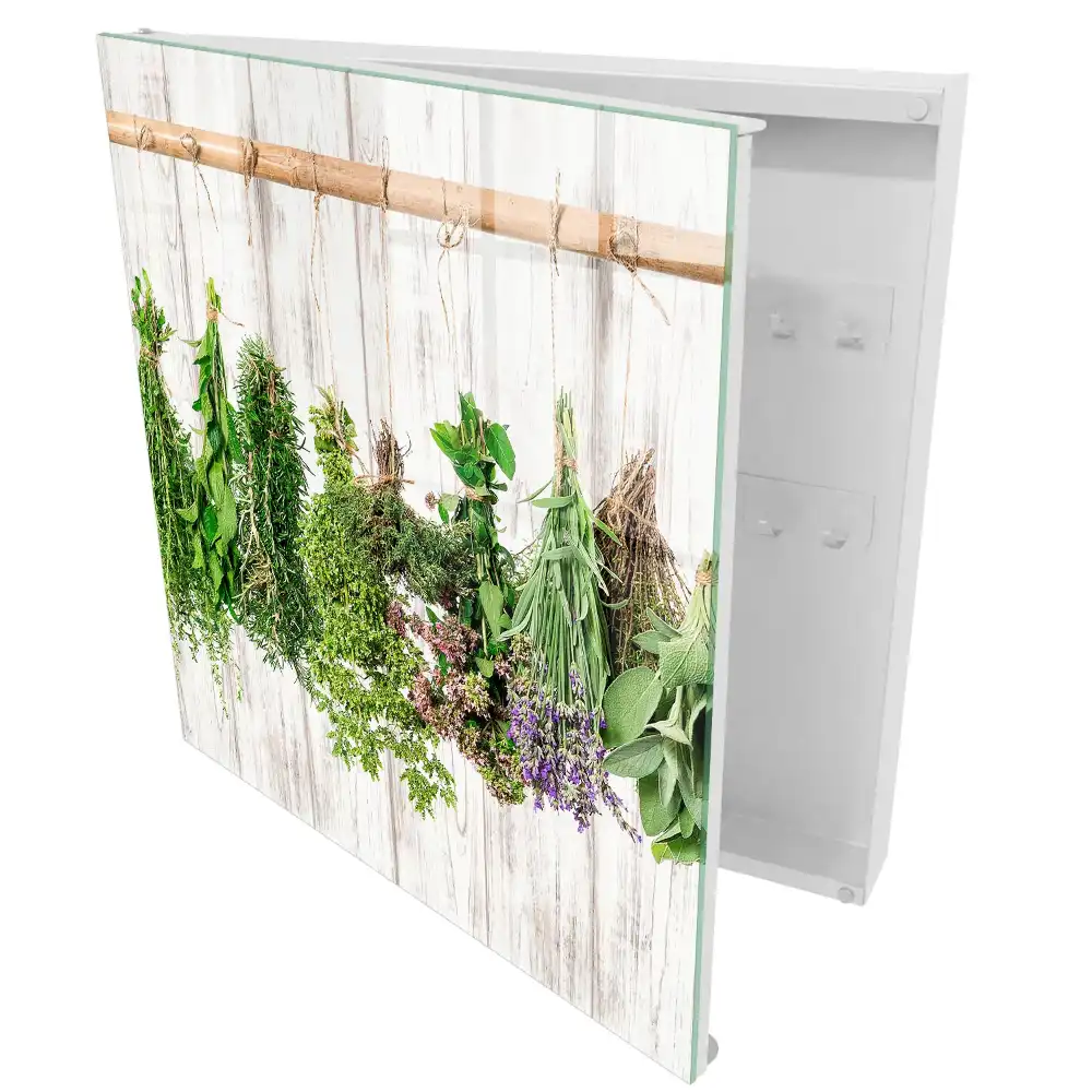 Suport rustic pentru chei din lemn cu design de ierburi suspendate