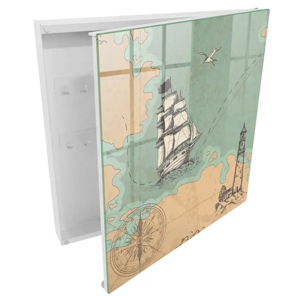 Cuier de perete pentru chei cu design nautic cu nave și far