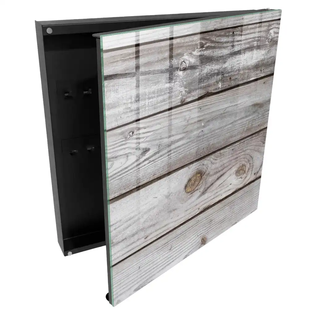 Casetă pentru chei cu design natural din scânduri de lemn și spațiu de depozitare