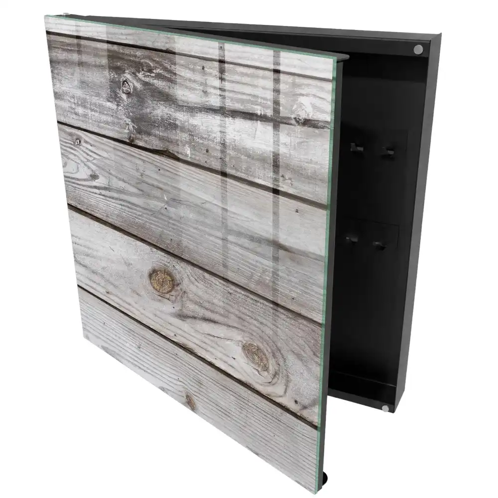Casetă pentru chei cu design natural din scânduri de lemn și spațiu de depozitare