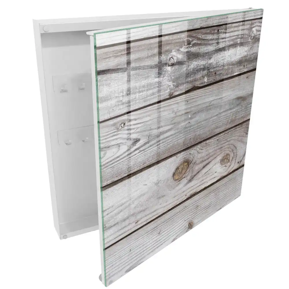 Casetă pentru chei cu design natural din scânduri de lemn și spațiu de depozitare