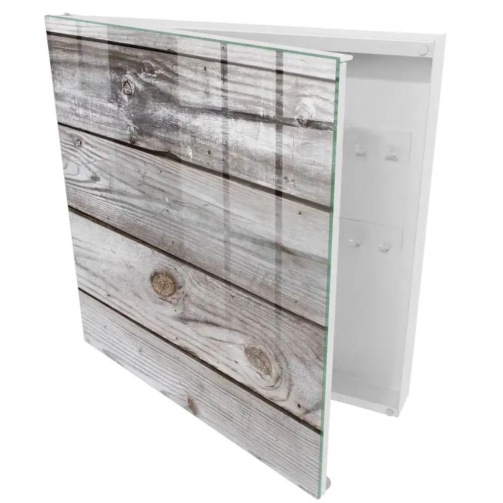 Casetă pentru chei cu design natural din scânduri de lemn și spațiu de depozitare