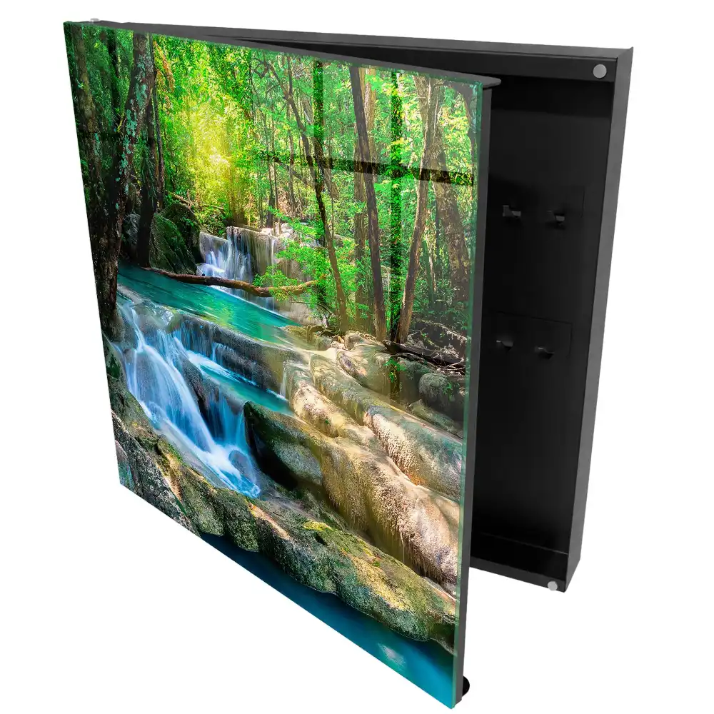 Casetă pentru chei cu design de cascadă turcoaz și junglă verde luxuriantă