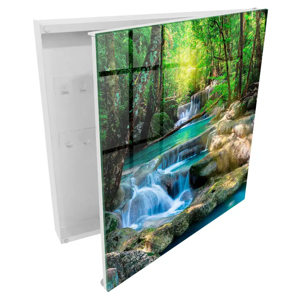 Casetă pentru chei cu design de cascadă turcoaz și junglă verde luxuriantă