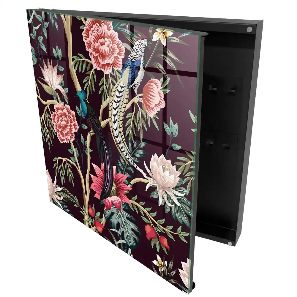 Dulapior pentru chei cu design exotic cu păsări și flori colorate