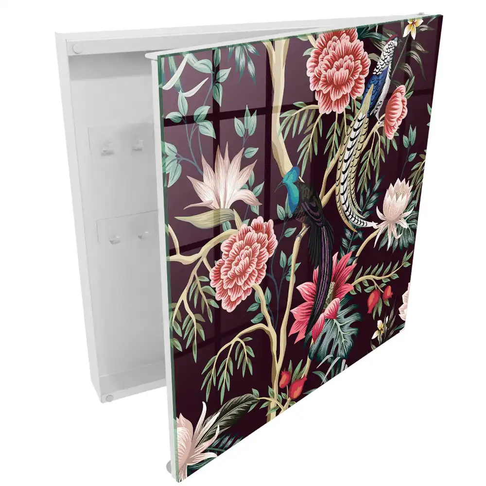 Dulapior pentru chei cu design exotic cu păsări și flori colorate