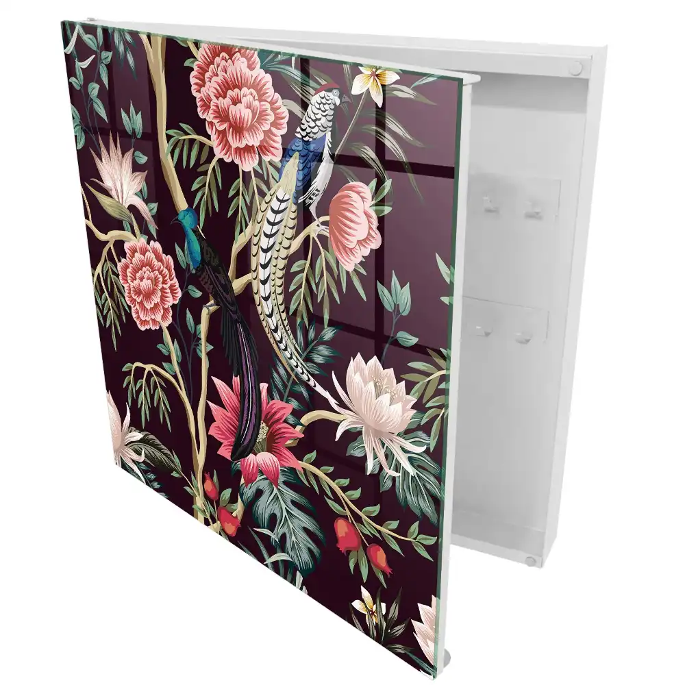 Dulapior pentru chei cu design exotic cu păsări și flori colorate