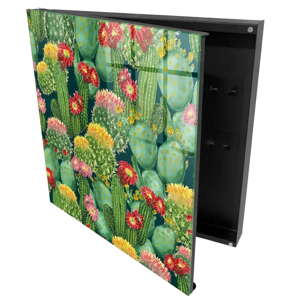 Suport de chei pentru perete cu model de cactuși colorați pe fundal întunecat