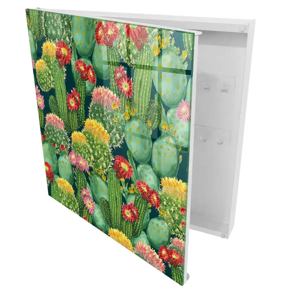 Suport de chei pentru perete cu model de cactuși colorați pe fundal întunecat