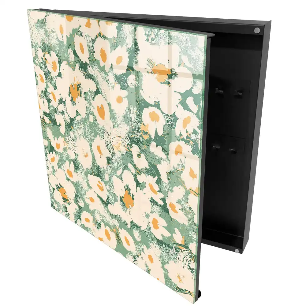 Casetă pentru chei cu model floral pe fundal verde în stil boho