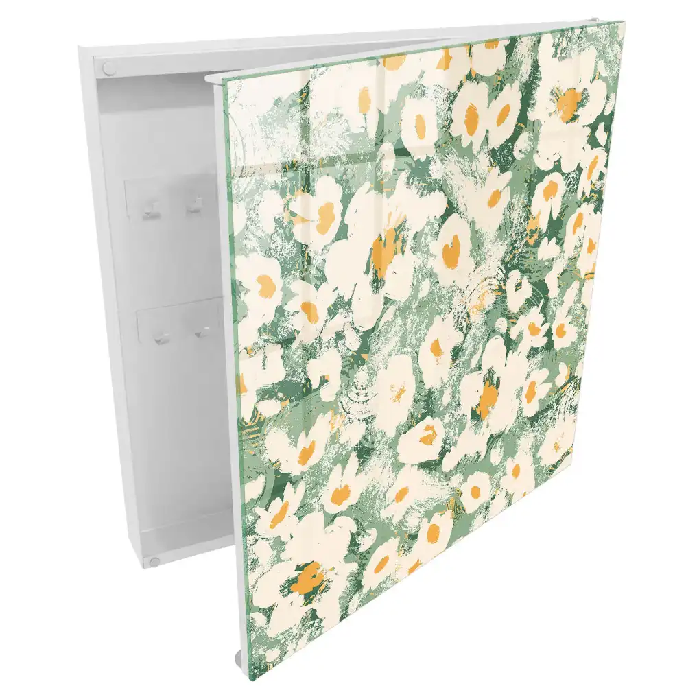 Casetă pentru chei cu model floral pe fundal verde în stil boho