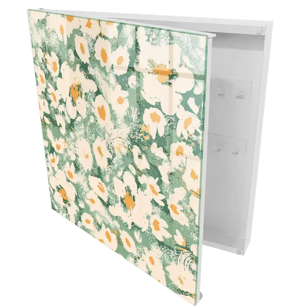 Casetă pentru chei cu model floral pe fundal verde în stil boho