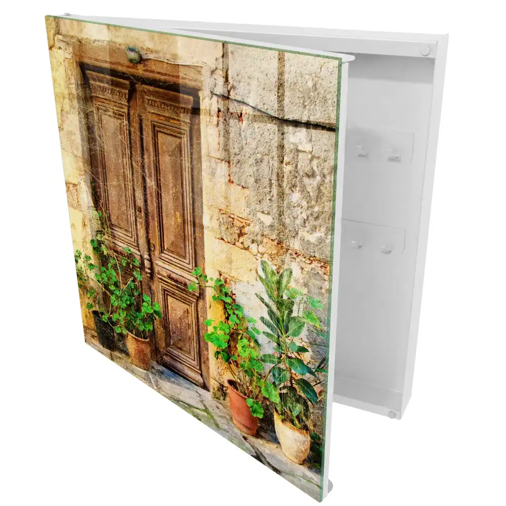 Suport de perete pentru chei din lemn cu design plante în ghivece de lut