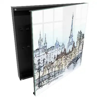 cu design oraș cu turn în nuanțe de albastru și bej