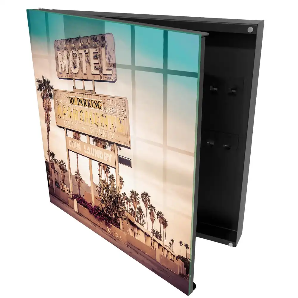 Suport pentru chei de perete cu design de semn de motel și palmieri