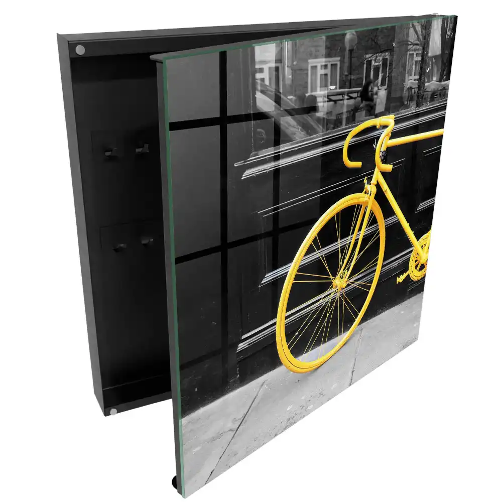 Casetă pentru chei de bicicletă cu design galben pe fundal alb-negru