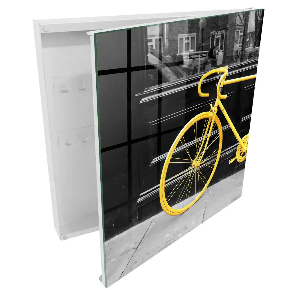Casetă pentru chei de bicicletă cu design galben pe fundal alb-negru