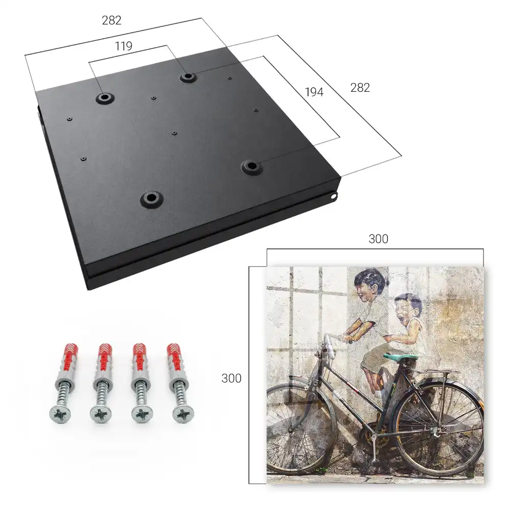 Dulap pentru chei cu model artă stradală reprezentând copii pe biciclete lângă un zid vechi