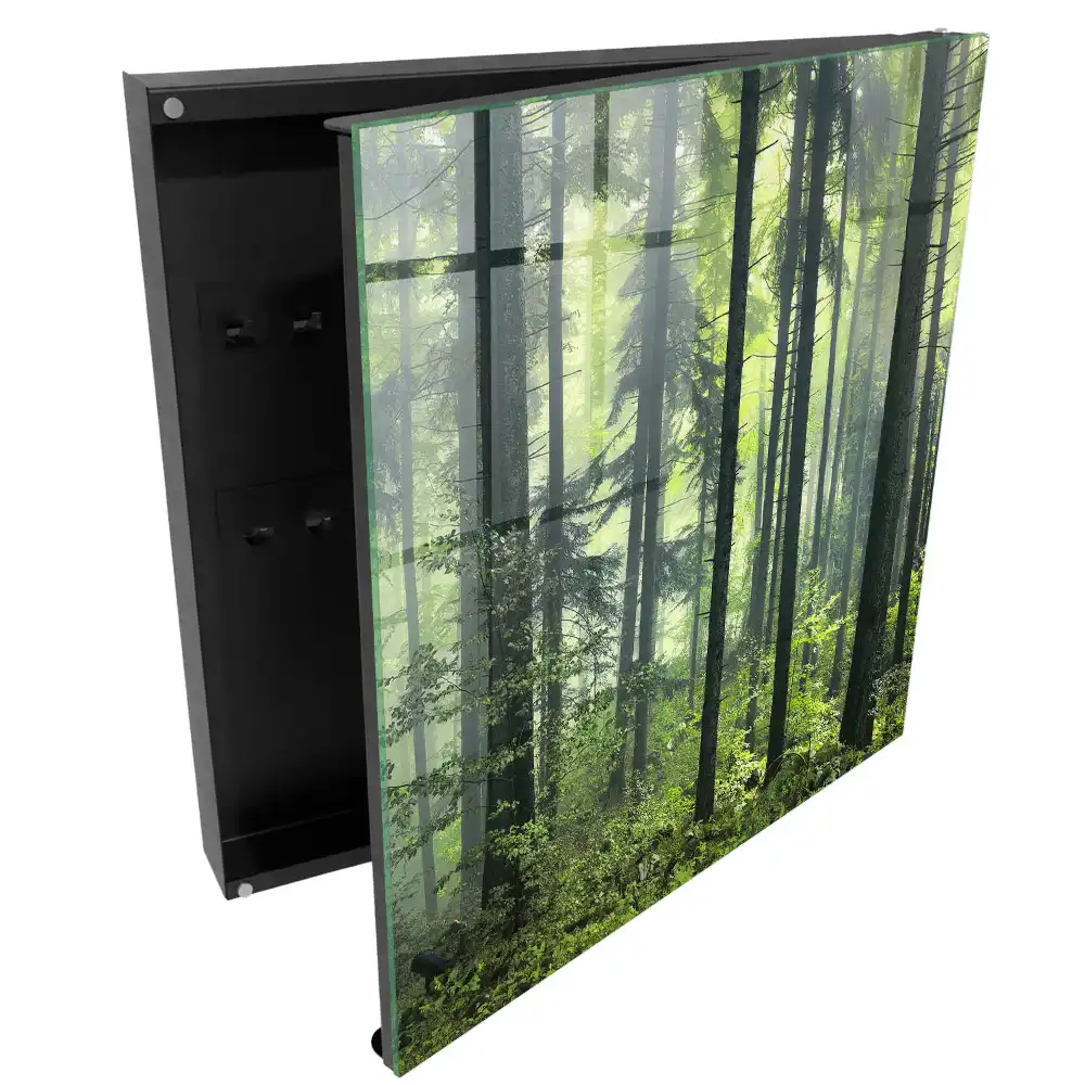 Casetă pentru chei cu design de pădure cețoasă, soare și verdeață