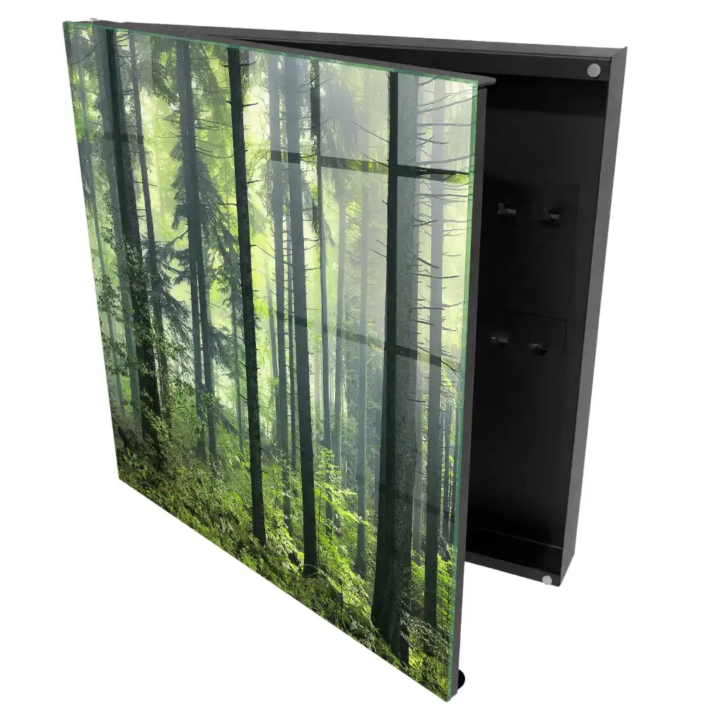 Casetă pentru chei cu design de pădure cețoasă, soare și verdeață