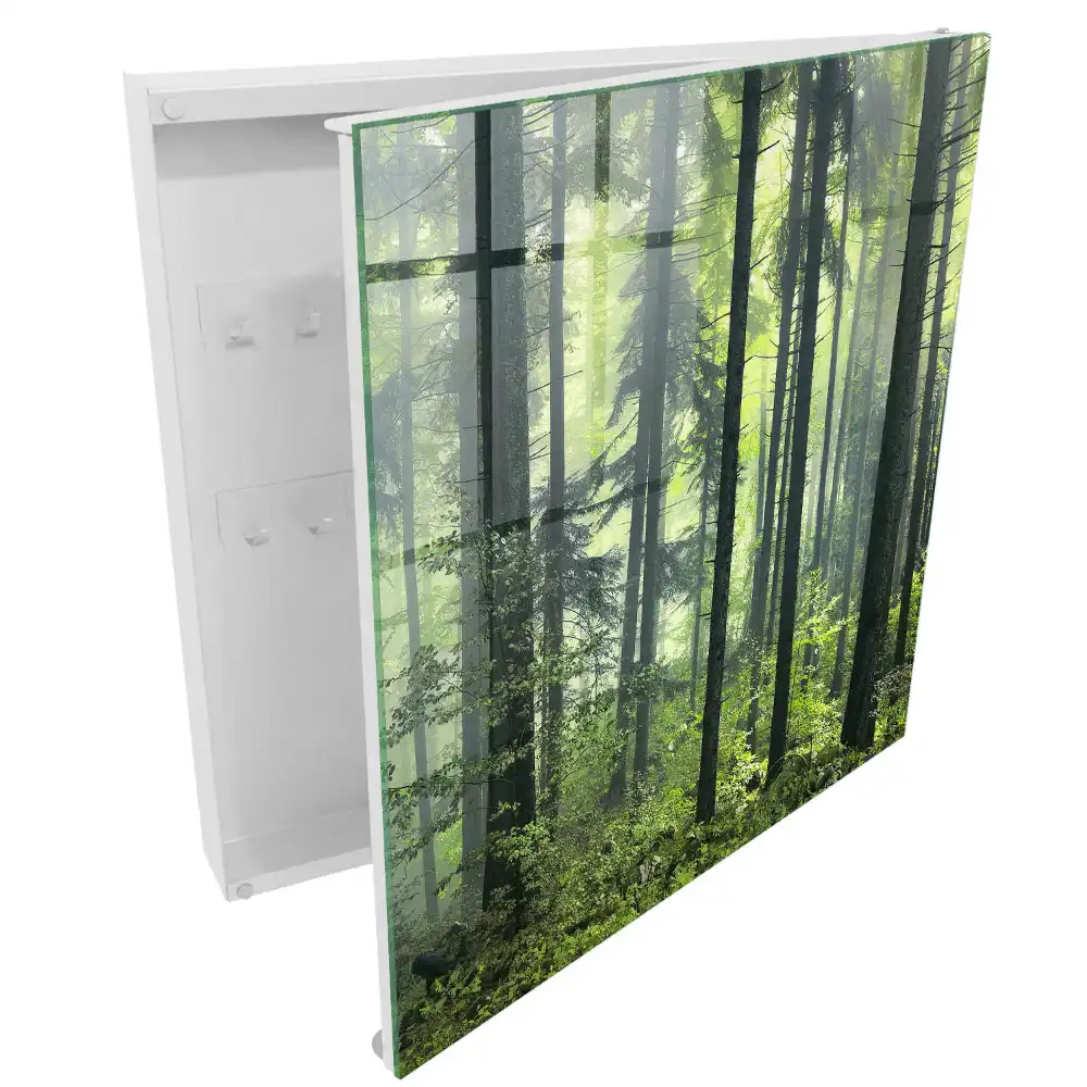 Casetă pentru chei cu design de pădure cețoasă, soare și verdeață